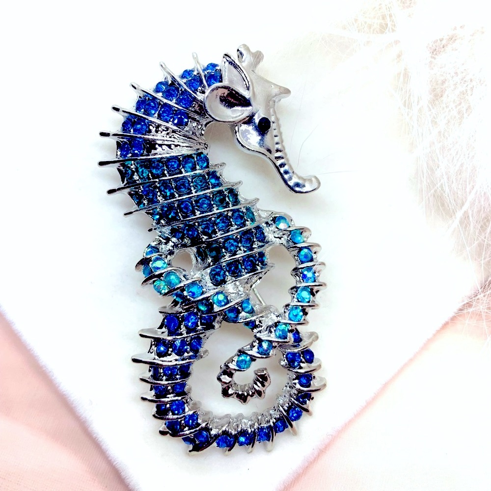Rhinestone Seahorse Blue Brooch